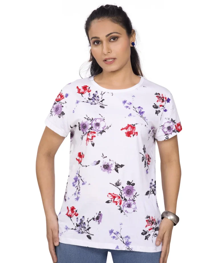 PEPP N HAGG Ladies 100% Cotton Biowash White All Over Printed T-Shirts | Stylish | Fashion | Trendy | Comforatble | Lavender Flower