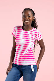 Women Striped V-Neck Pockets T-shirt